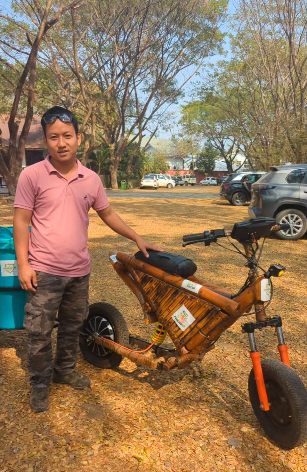 Mhaleu Metha with his Bamboo Electric Bike. (Morung Photo)